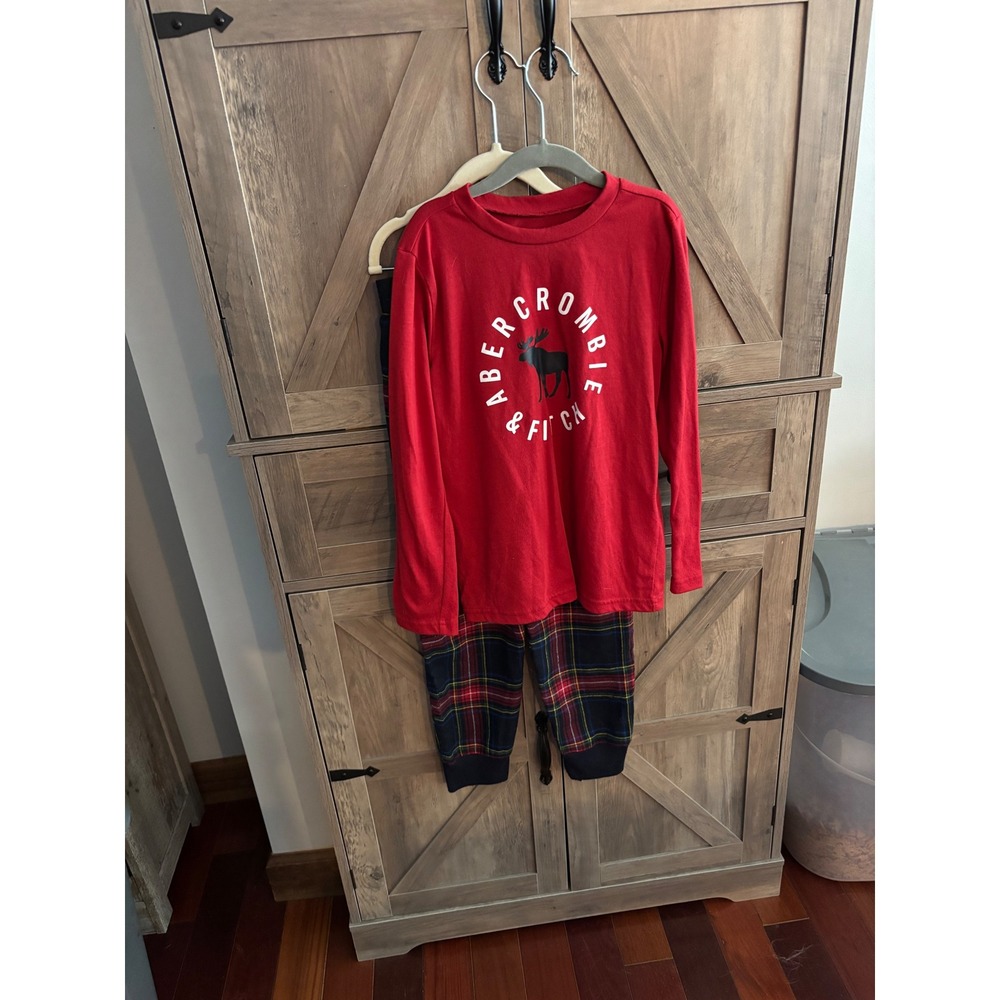 Abercrombie Kids Red Plaid Pajama Set Long Sleeve Moose Logo Sleepwear Size 7/8